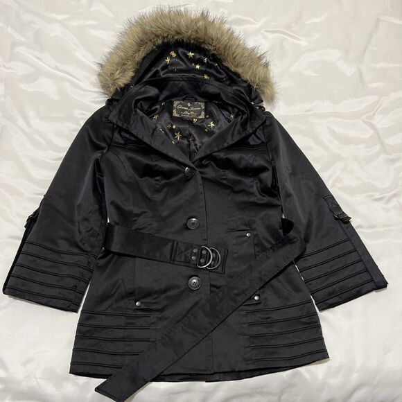 Guess Jacket Trench Coat Removable Faux Fur Trim Hood Womens M Black Gold Lined - Picture 5 of 15